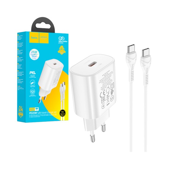 Hoco N22 Jetta PD25W Type-C To Type-C Charger 1m Cable White